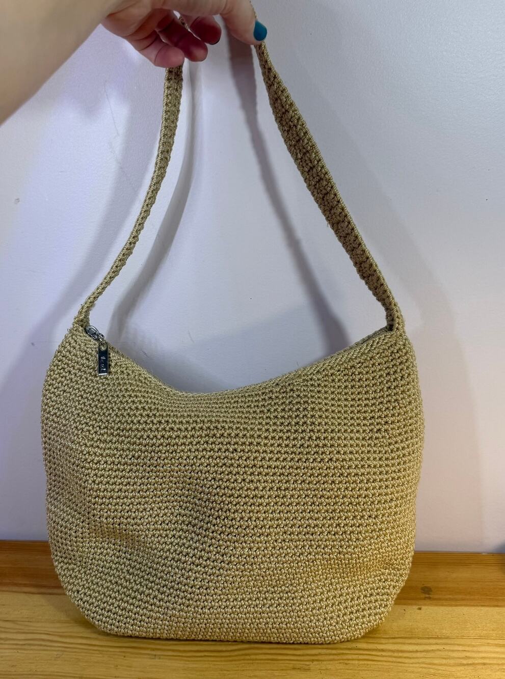 The Sak Beige Tan Crochet Shoulder Bag Hobo Purse Boho Y2K